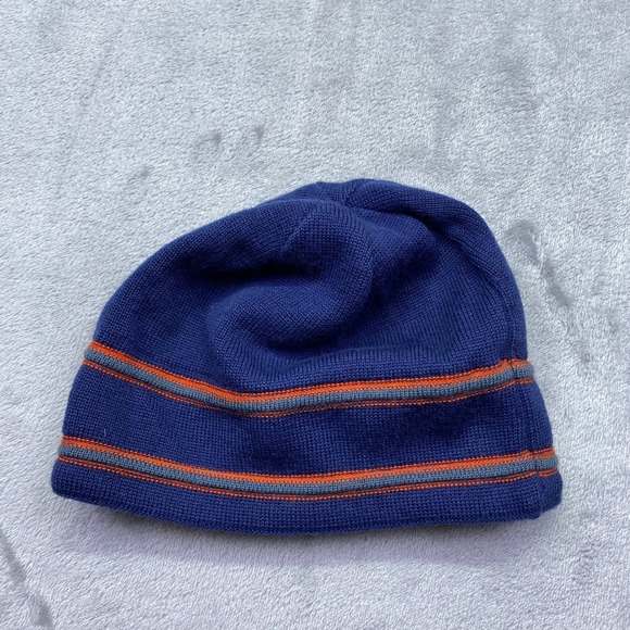 The North Face Knit Beanie Hat Blue Orange Gray Stripes Logo Winter Warm - Picture 4 of 5